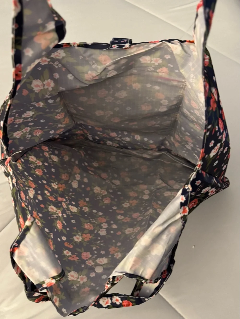 Foldable Reusable Shopping Tote Bag Navy Floral Zip Pouch Eco Grocery